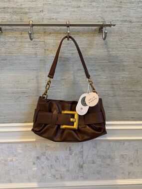 NWT new Melie Bianco Chocolate Brown Shoulder Bag Gold Buckle faux leather